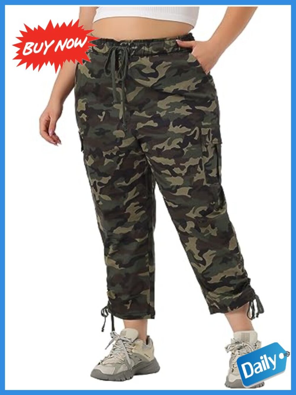 Plus Size High Waist Cargo Pants Drawstring Elastic Waist Pockets Casual Work